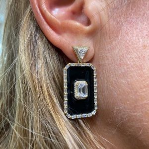 Black rectangle earring with czs and gold trim